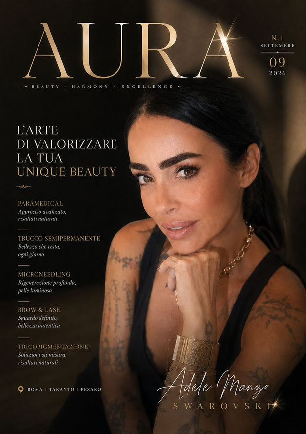 Cover AURA realizzata da Beauty Media Company per Adele Manzo di Roma, specialista in permanent make-up, paramedicale e tricopigmentazione
