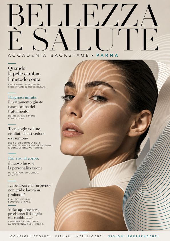 Cover Bellezza è Salute realizzata da Beauty Media Company per Accademia Backstage di Cinzia Costantino a Parma, dedicata a estetica avanzata, diagnosi, tecnologie viso e corpo