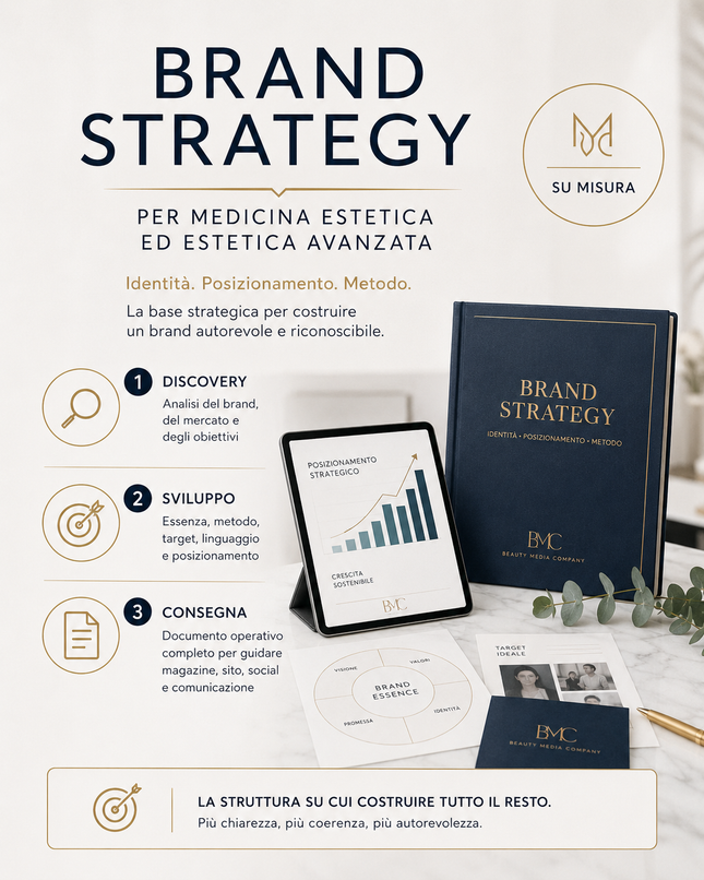 Brand Strategy di Beauty Media Company per professionisti di medicina estetica ed estetica avanzata, dedicata a identità, posizionamento e metodo.