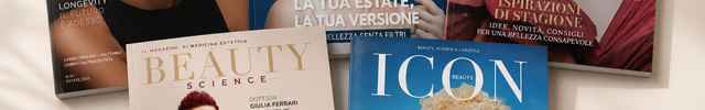 Collage copertine magazine Beauty Media Company: EsteMed, ICON Beauty, Beauty Science e altre pubblicazioni del settore estetico