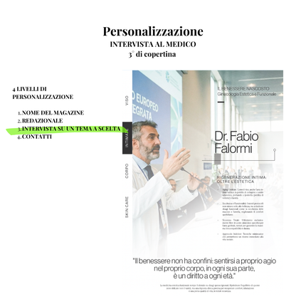 Esempio dei 4 livelli di personalizzazione Tailor Made: nome magazine, redazionale, intervista al medico, contatti
