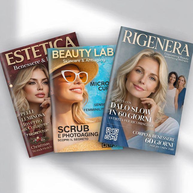 Tre copertine magazine ICON Beauty su estetica, skincare e benessere: Estetica, Beauty Lab, Rigenera