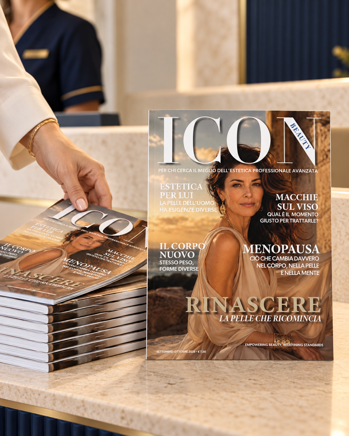 beauty media company Copie della rivista ICON Beauty Ready to Use disponibili per le clienti di un centro estetico professionale.
