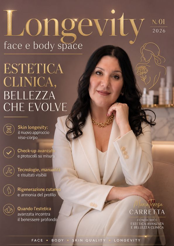 Cover Longevity Face e Body Space realizzata da Beauty Media Company per MariaTeresa Carretta di Napoli, dedicata a estetica avanzata, skin longevity e rigenerazione cutanea

